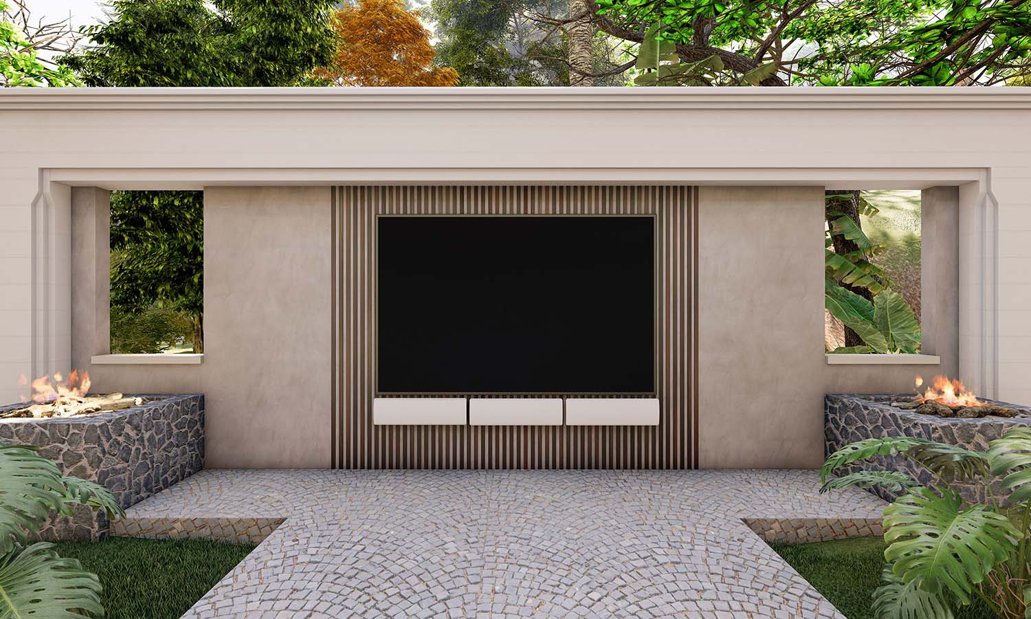 large outdoor TV display above custom speakers in seating area