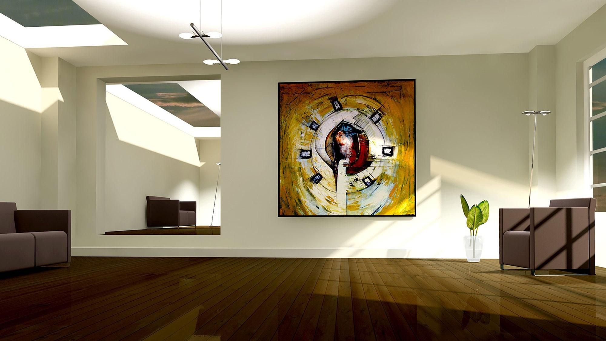 big art piece hanging on big white wall